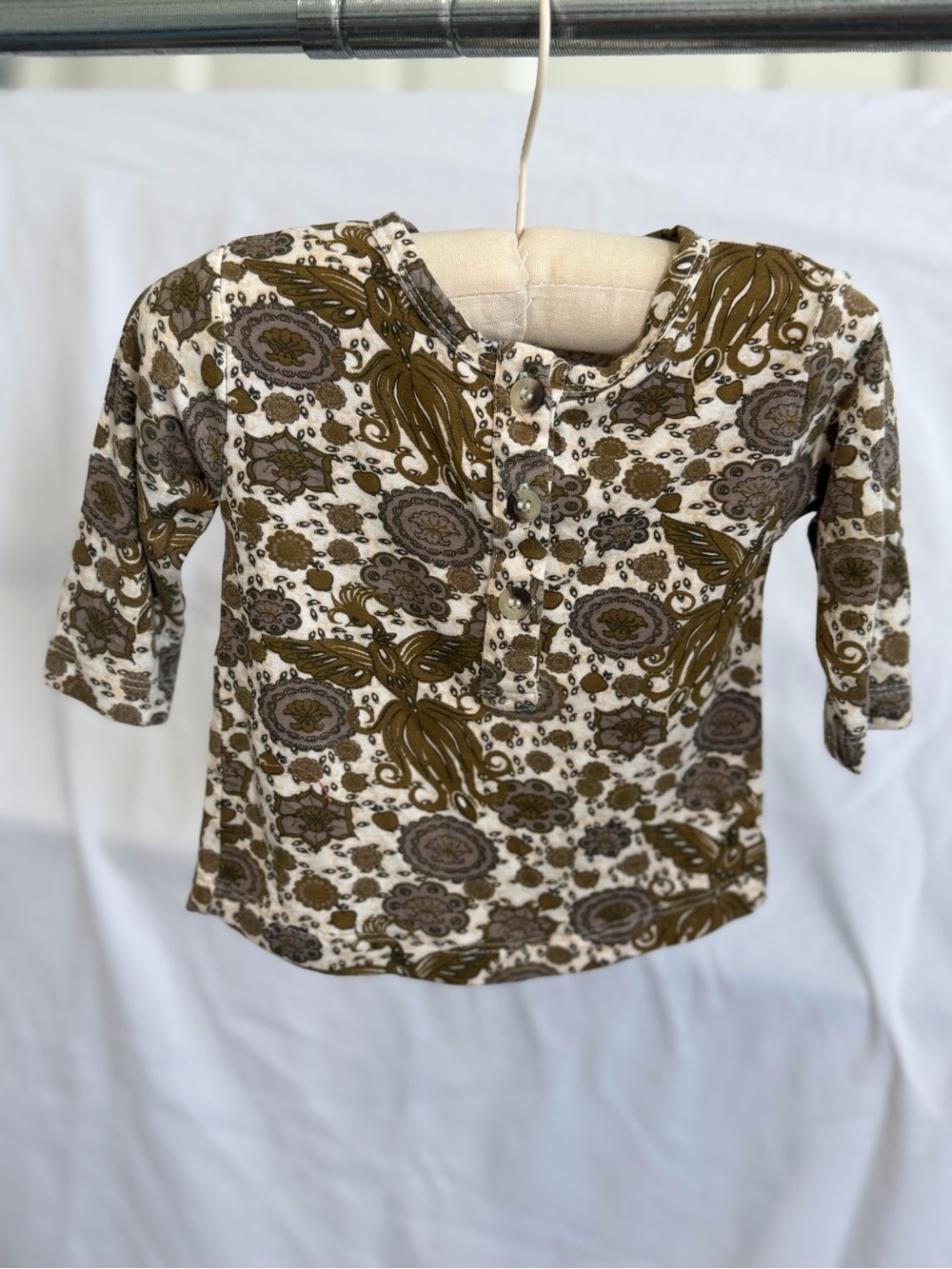 Floral Print Baby Henley Top - Olive & Cream